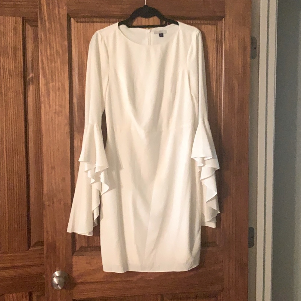 h halston ruffle bell sleeve crepe sheath dress
